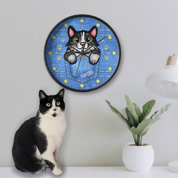 Tuxedo Cat In Faux Denim Pocket With Custom Name Clock by LaborAndLeisure at Zazzle