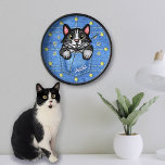Tuxedo Cat In Faux Denim Pocket With Custom Name Clock at Zazzle