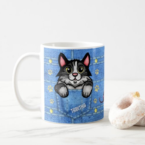Tuxedo Cat in Faux Denim Pocket with Custom Name Coffee Mug