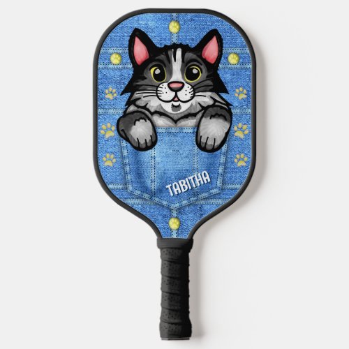 Tuxedo Cat in Faux Denim Pocket with Custom Name Pickleball Paddle