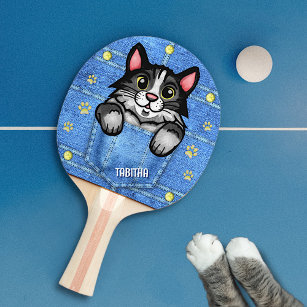 Tuxedo Cat in Faux Denim Pocket with Custom Name Ping Pong Paddle