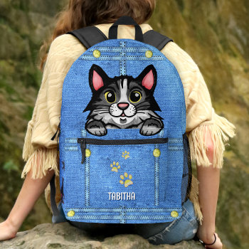 Tuxedo Cat In Faux Denim Pocket With Custom Name Printed Backpack by LaborAndLeisure at Zazzle