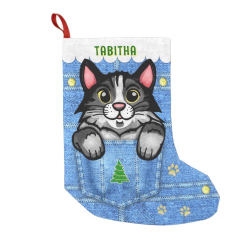 Tuxedo Cat in Faux Denim Pocket with Custom Name Small Christmas Stocking