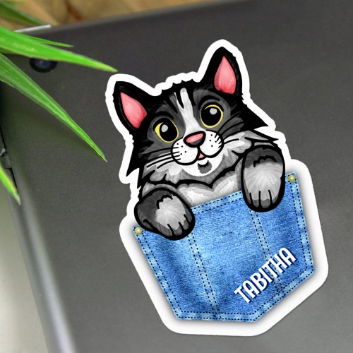 Tuxedo Cat in Faux Denim Pocket with Custom Name Sticker