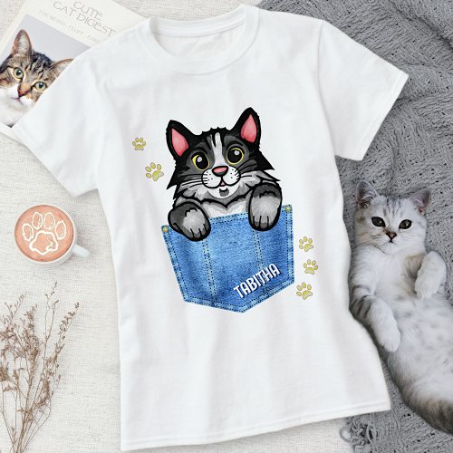 Tuxedo Cat in Faux Denim Pocket with Custom Name T_Shirt