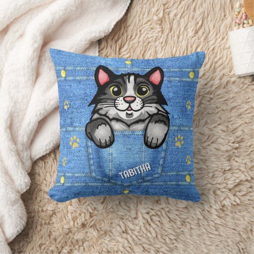 Tuxedo Cat in Faux Denim Pocket with Custom Name Throw Pillow