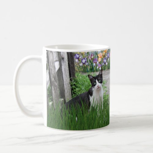 Tuxedo Cat in Flower Garden with Butterfly Animal  Coffee Mug