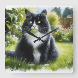Tuxedo Cat in Garden Watercolor Wall Clock