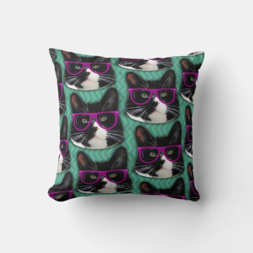 Tuxedo Cat In Glasses Fun Pattern Throw Pillow