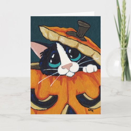 Tuxedo Cat in Halloween Pumpkin Card