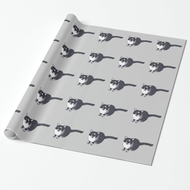 Tuxedo Cat in Pointillism Gray Wrapping Paper (Unrolled)