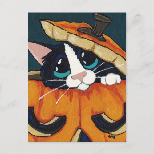 Tuxedo Cat in Pumpkin Halloween Postcard