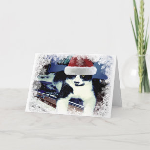Tuxedo Cat in Santa Hat Blank Inside Card