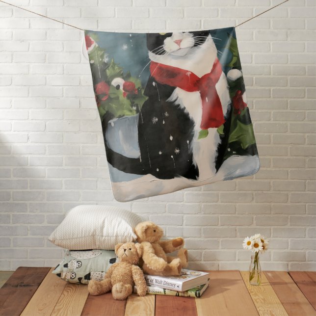 Tuxedo Cat in Snow Christmas Baby Blanket (In Situ)