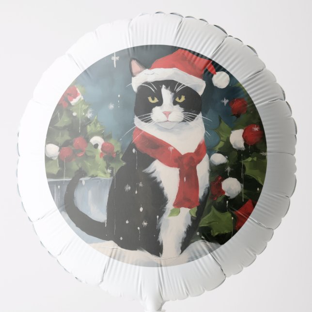 Tuxedo Cat in Snow Christmas Balloon (Front)