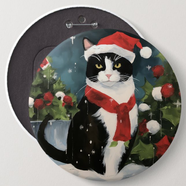 Tuxedo Cat in Snow Christmas Button (Front & Back)
