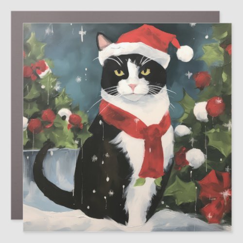 Tuxedo Cat in Snow Christmas Car Magnet