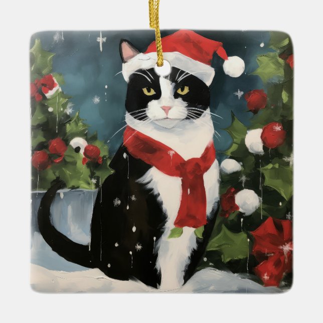 Tuxedo Cat in Snow Christmas Ceramic Ornament (Front)
