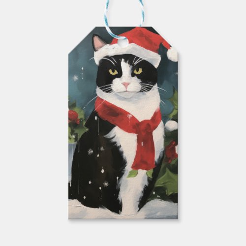 Tuxedo Cat in Snow Christmas Gift Tags