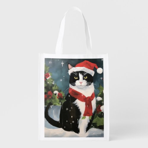 Tuxedo Cat in Snow Christmas Grocery Bag