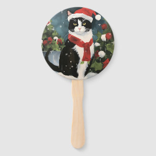Tuxedo Cat in Snow Christmas Hand Fan
