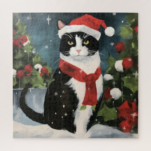 Tuxedo Cat in Snow Christmas Jigsaw Puzzle