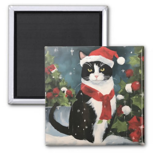 Tuxedo Cat in Snow Christmas Magnet