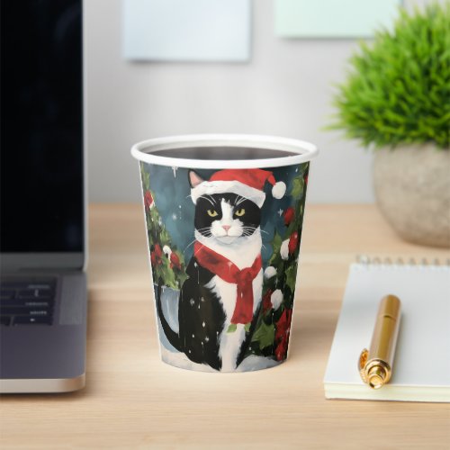 Tuxedo Cat in Snow Christmas Paper Cups