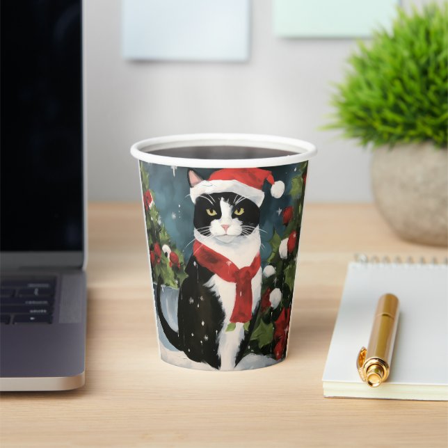 Tuxedo Cat in Snow Christmas Paper Cups (Insitu)