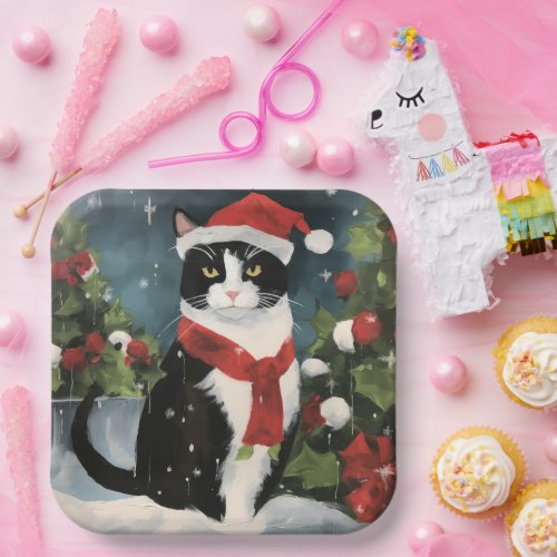 Tuxedo Cat in Snow Christmas Paper Plates