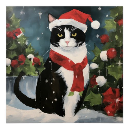 Tuxedo Cat in Snow Christmas Poster