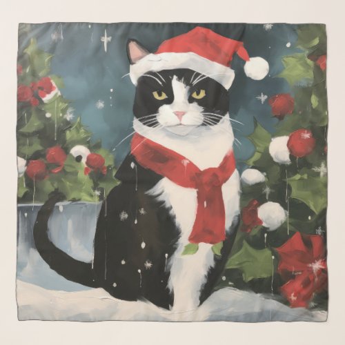 Tuxedo Cat in Snow Christmas Scarf