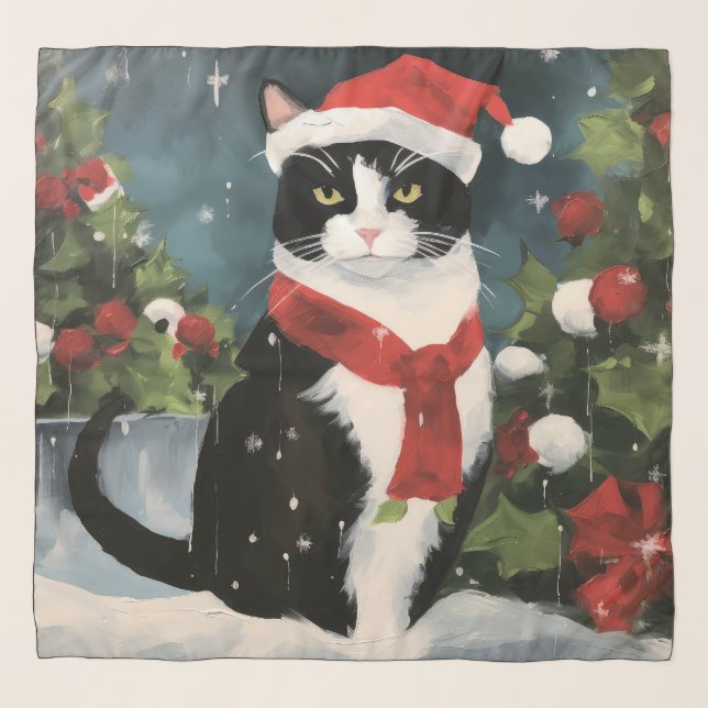 Tuxedo Cat in Snow Christmas Scarf (Front)