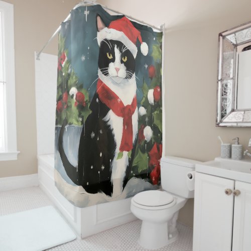 Tuxedo Cat in Snow Christmas Shower Curtain