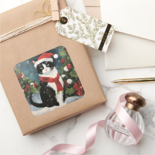 Tuxedo Cat in Snow Christmas Square Sticker