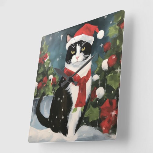 Tuxedo Cat in Snow Christmas Square Wall Clock