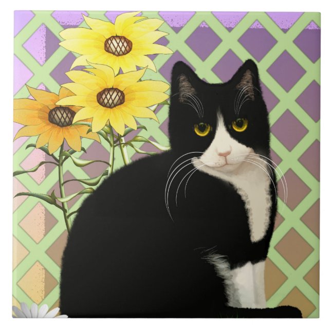 Tuxedo Cat in the Garden Ceramic Tile (Front)