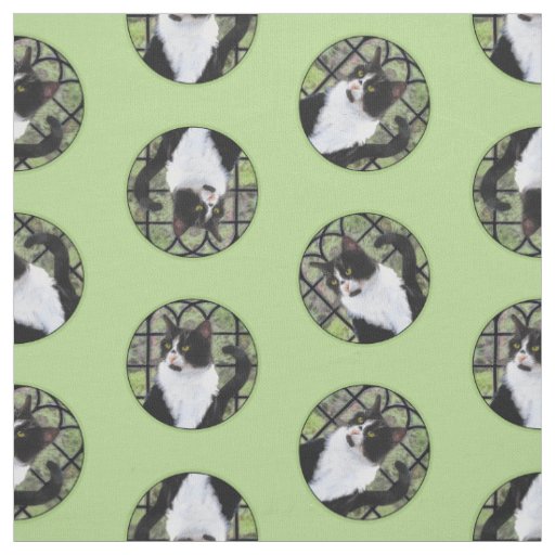 Tuxedo Cat in Window Painting Cute Original Art Fabric