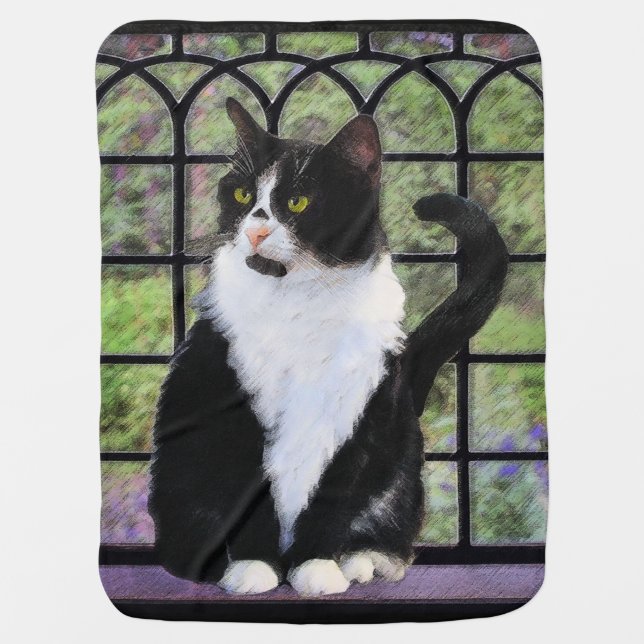 Tuxedo Cat in Window Painting Original Animal Art Baby Blanket (Front)