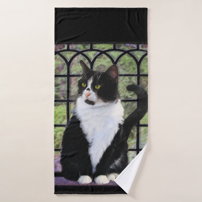 Tuxedo Cat in Window Painting Original Animal Art Bath Towel Set (Bath Towel)