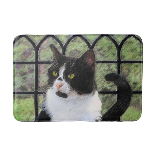 Tuxedo Cat in Window Painting Original Animal Art Bathroom Mat