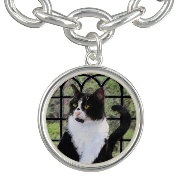 Tuxedo Cat in Window Painting Original Animal Art Bracelet (Design)