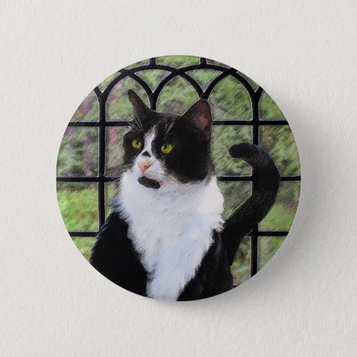 Tuxedo Cat in Window Painting Original Animal Art Button