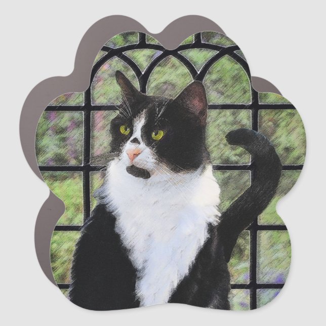 Tuxedo Cat in Window Painting Original Animal Art Car Magnet (Front)