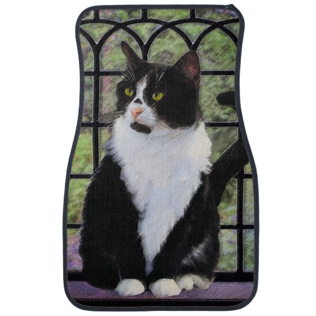 Tuxedo Cat in Window Painting Original Animal Art Car Mat (Front)