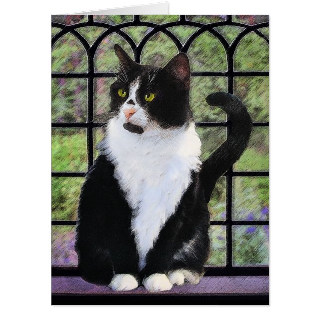Tuxedo Cat in Window Painting Original Animal Art Card (Front)