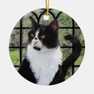 Tuxedo Cat in Window Painting Original Animal Art Ceramic Ornament