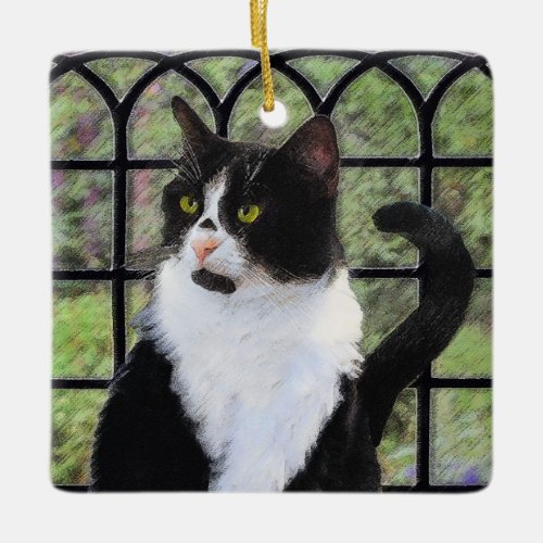 Tuxedo Cat in Window Painting Original Animal Art Ceramic Ornament