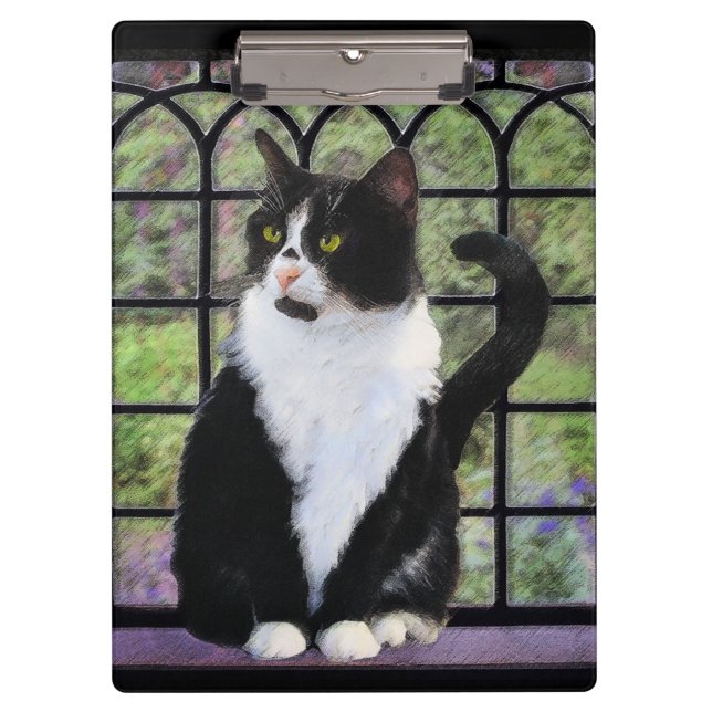 Tuxedo Cat in Window Painting Original Animal Art Clipboard (Front)
