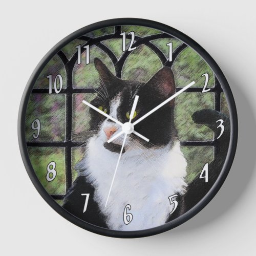 Tuxedo Cat in Window Painting Original Animal Art Clock